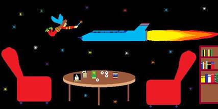 Logo zeigt Sitzgruppe freischwebend im All, ein Raumschiff �ber dem Tisch, eine Elfe mit Zauberstab und ein B�cherregal.